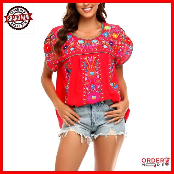 Tops - Boho Embroidery Tunic Top, Cotton Peasant Blouse, Relaxed Fit, True to Size